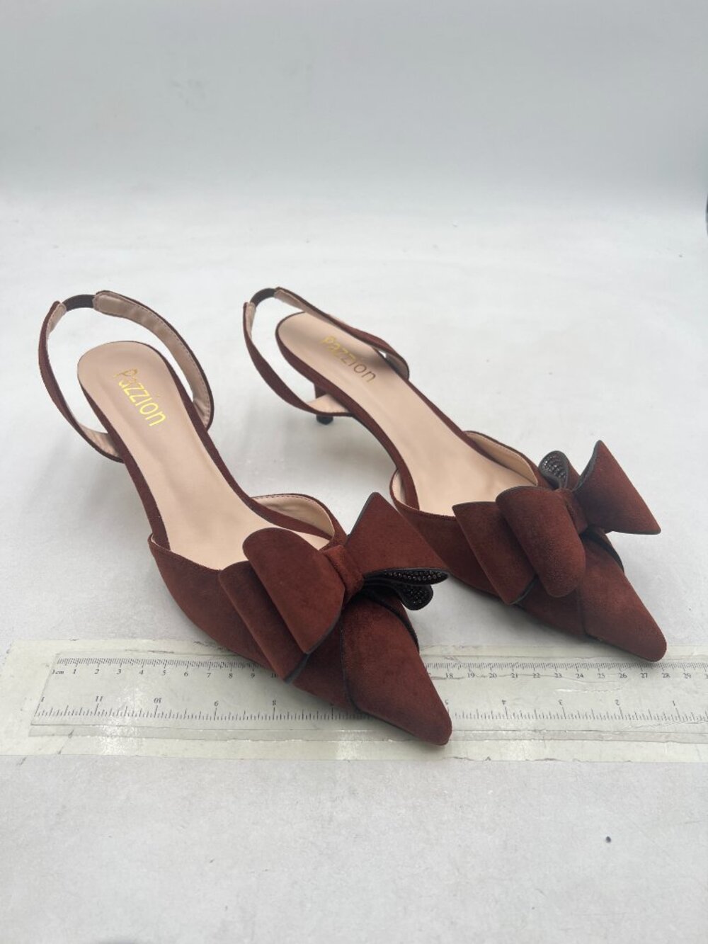Pazzion Brown Rhinestones Bowknots Slip On Slingback Pumps Strap Mid Heel Shoes - Picture 4 of 8
